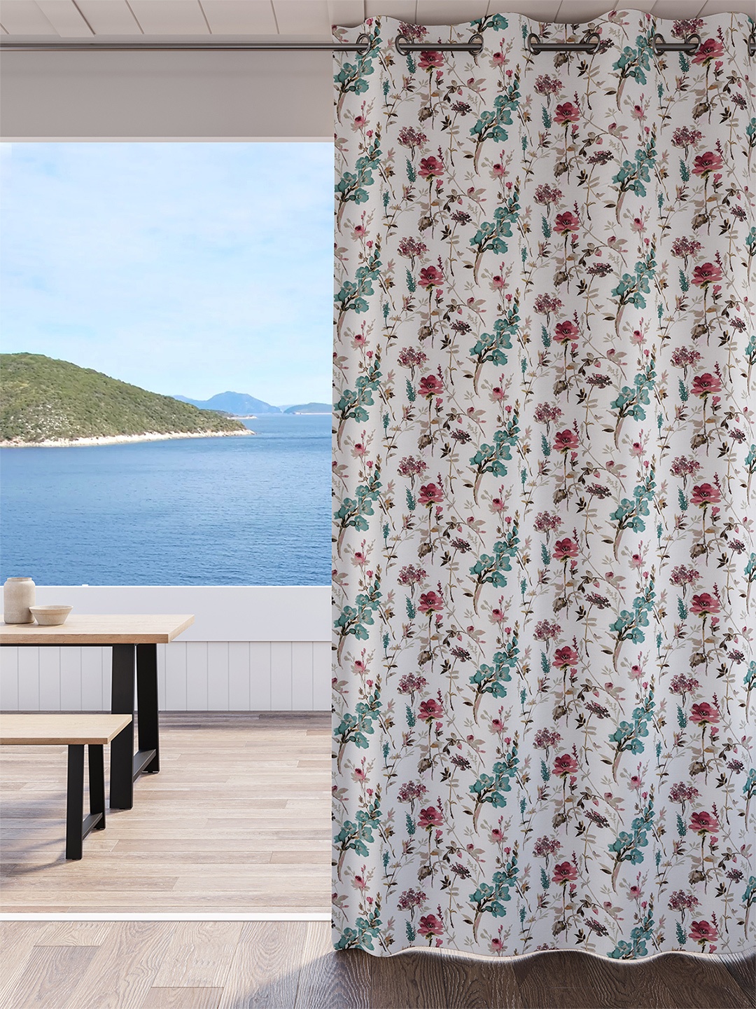 

DDecor White & Red Floral Room Darkening Long Door Curtain