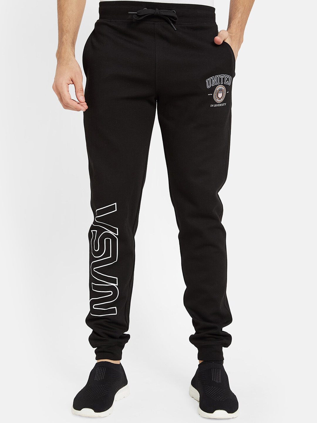 

Octave Men Mid-Rise Typography Printed Fleece Joggers, Black