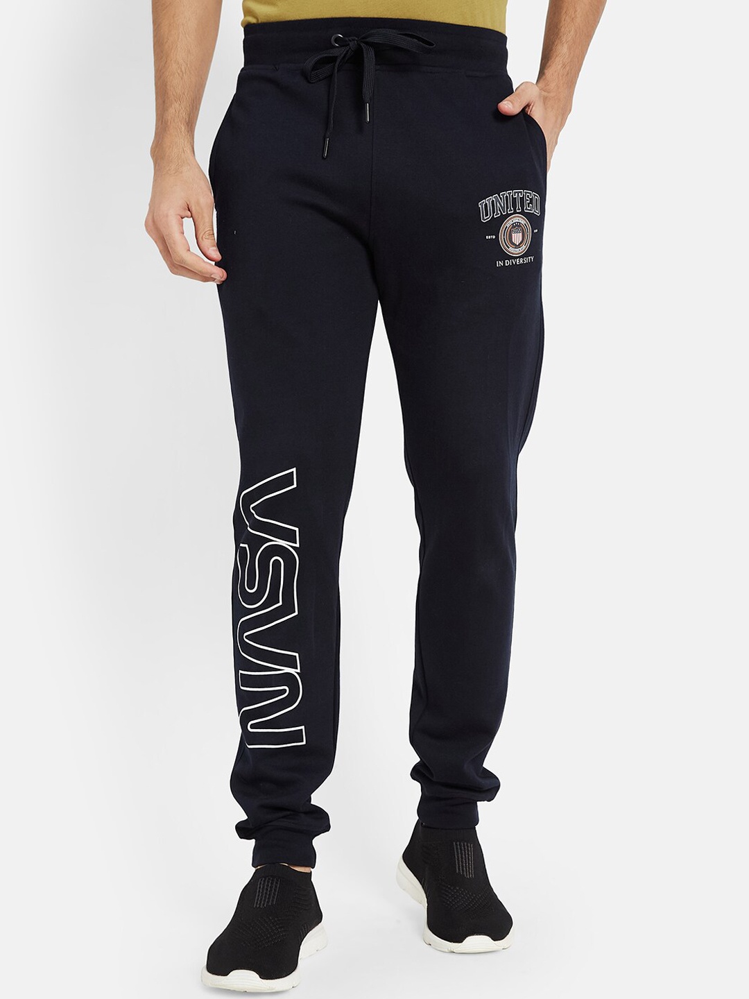 

Octave Men Mid Rise Typography Printed Fleece Joggers, Navy blue