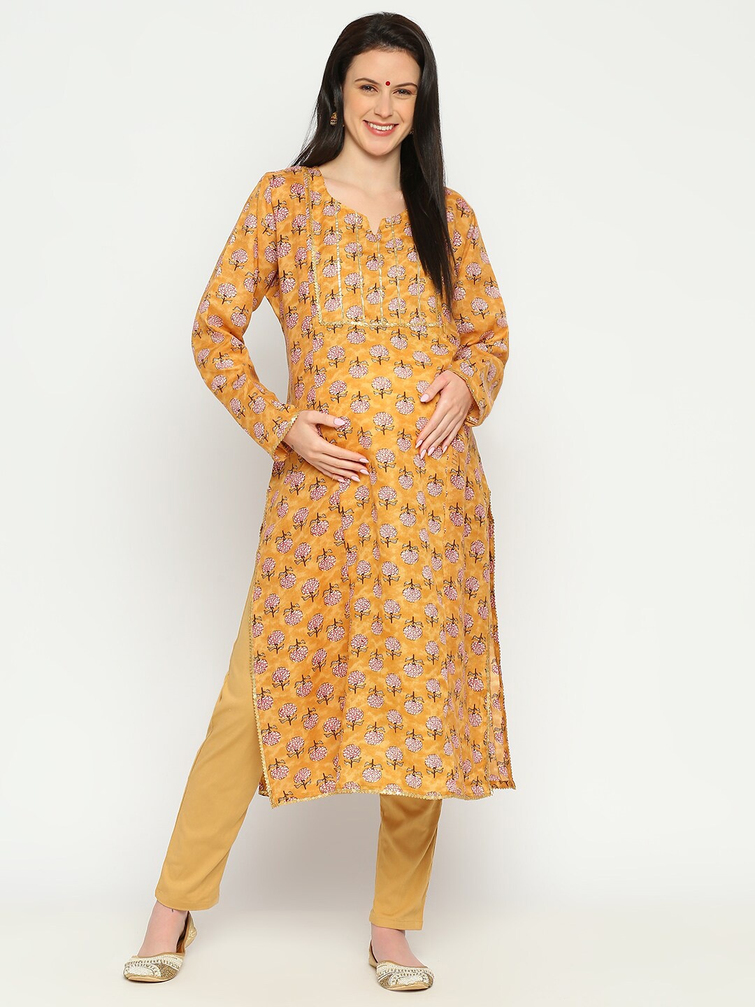 

Mom For Sure by Ketki Dalal Floral Printed Round Neck Cotton Straight Maternity Kurta, Mustard