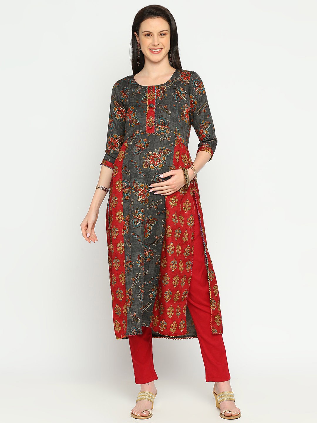 Mom For Sure by Ketki Dalal Floral Printed Round Neck Straight Maternity Kurta, Grey