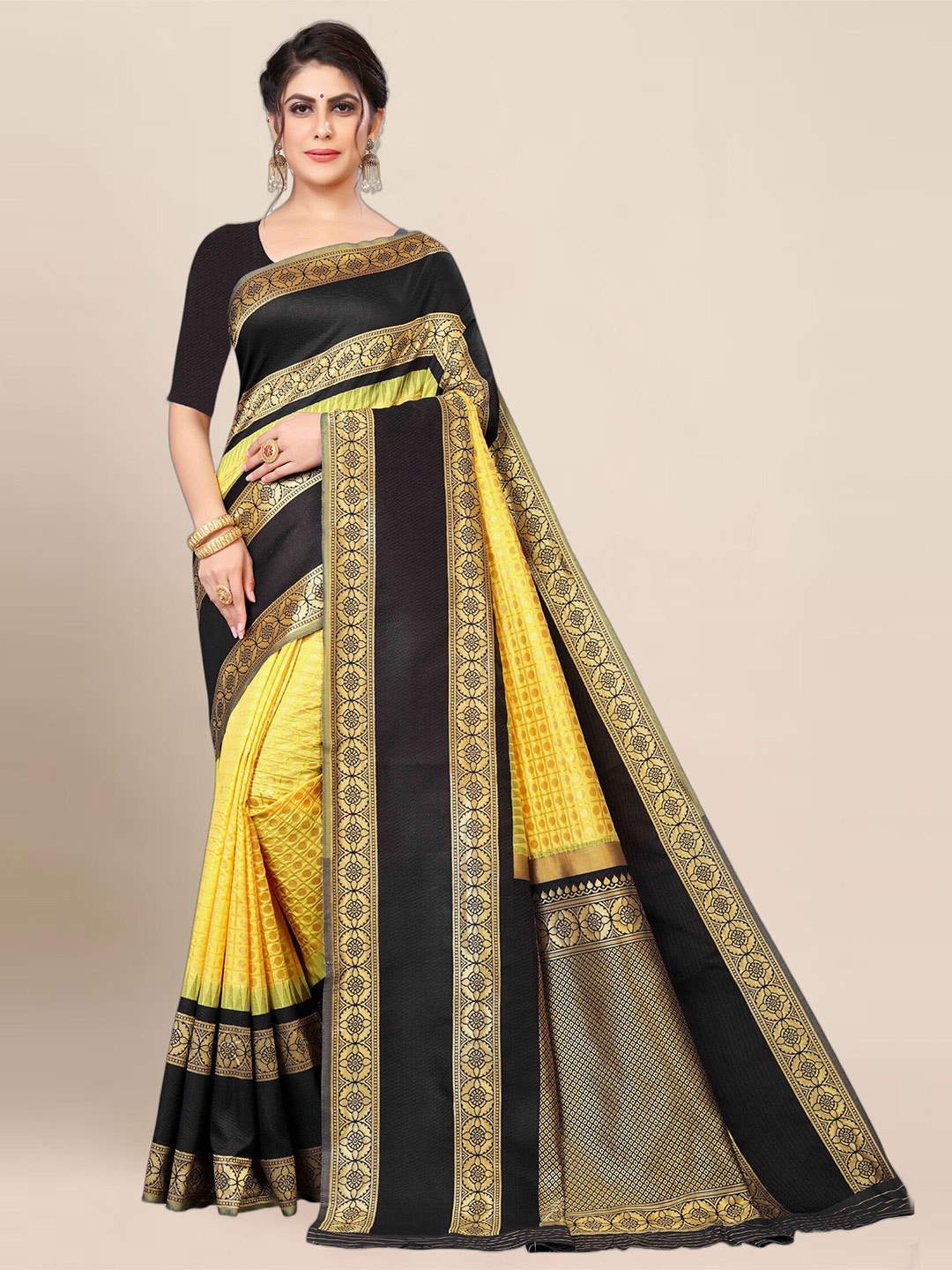 

Anjaneya Sarees Ethnic Motifs Woven Design Zari Kanjeevaram Saree, Yellow