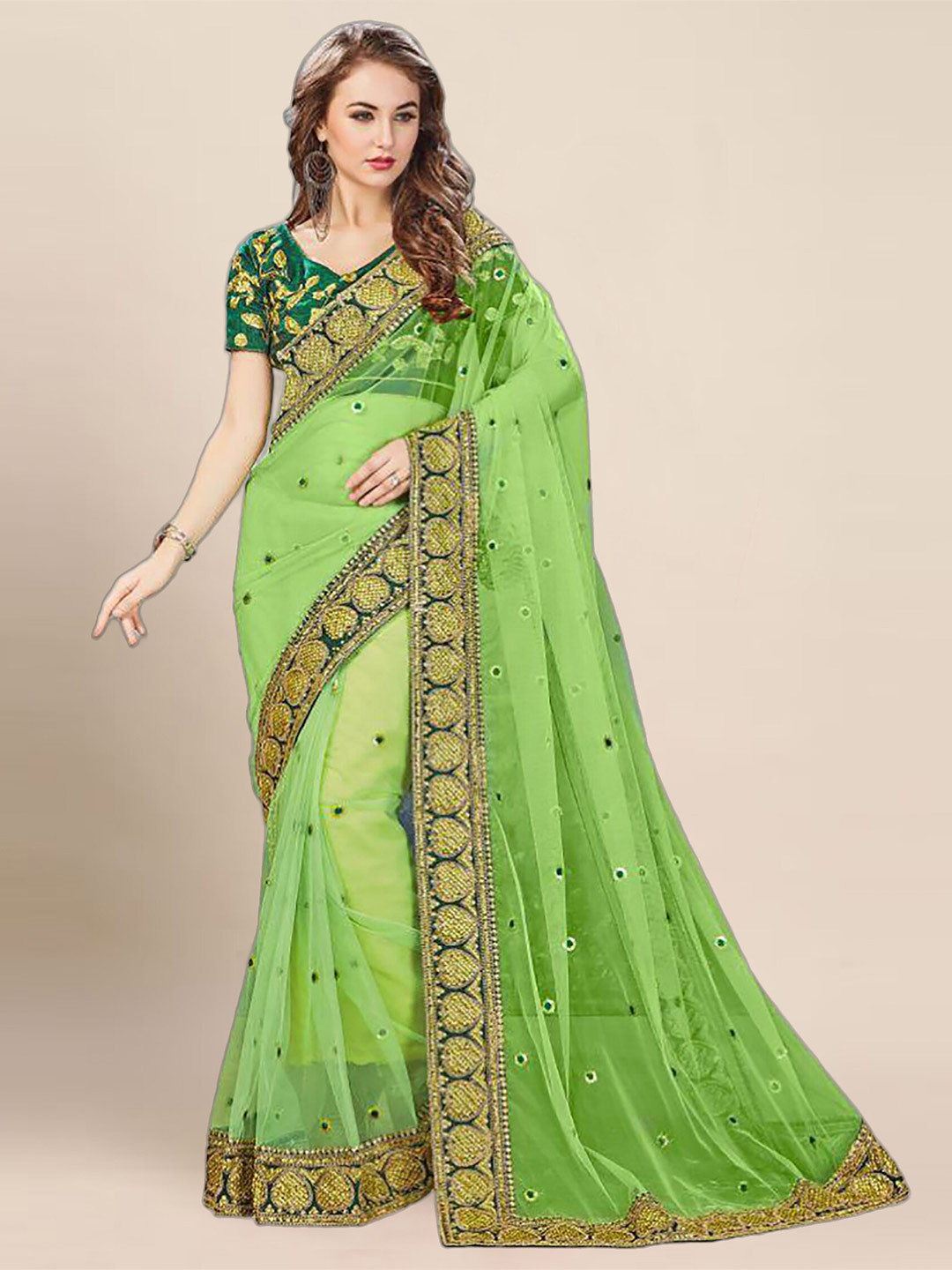 

Anjaneya Sarees Embellished Embroidered Net Saree, Green