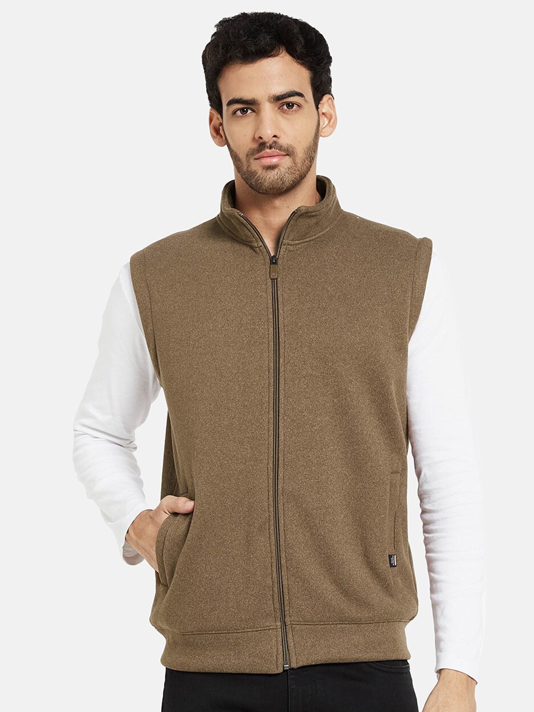 

Octave Mock Collar Fleece Front-Open Sweatshirt, Brown