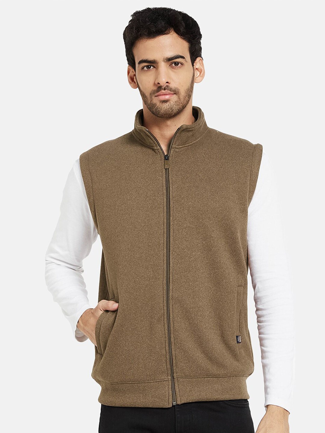 

Octave Mock Collar Fleece Front-Open Sweatshirt, Brown
