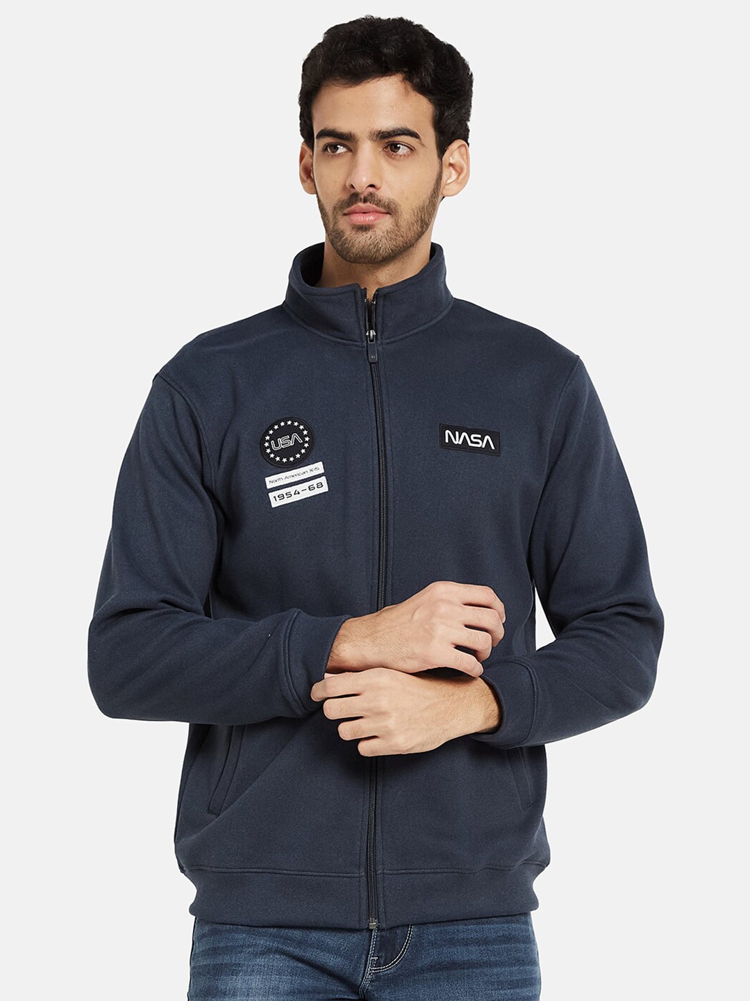 

Octave Stand Collar Fleece Front-Open Sweatshirt, Navy blue