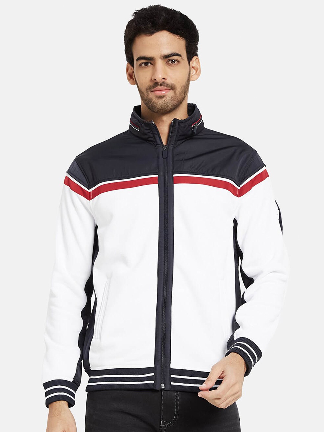 

Octave Colourblocked Stand Collar Fleece Front-Open Sweatshirt, White