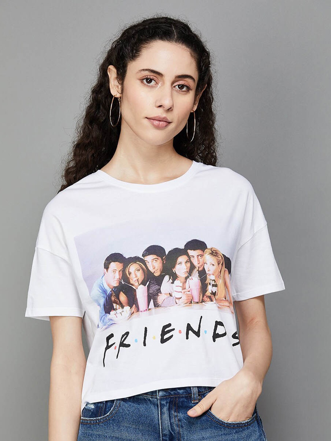 

Ginger by Lifestyle Graphic Printed Drop-Shoulder Sleeves Pure Cotton Crop Boxy T-shirt, White