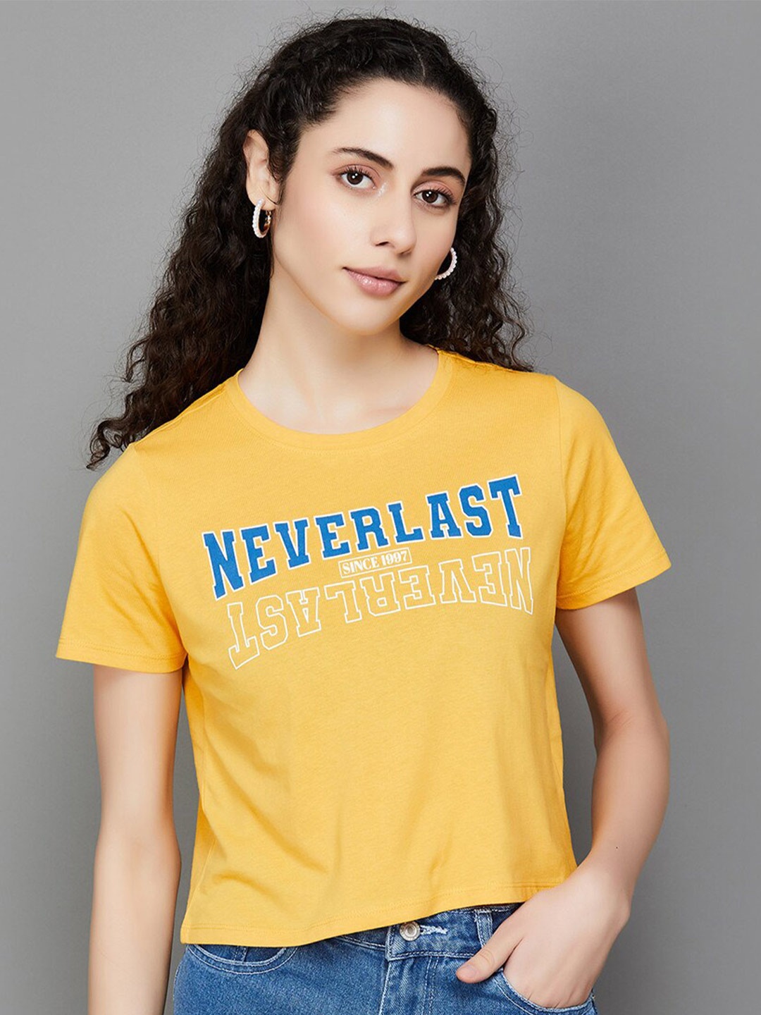 

Ginger by Lifestyle Typography Printed Crop T-shirt, Mustard