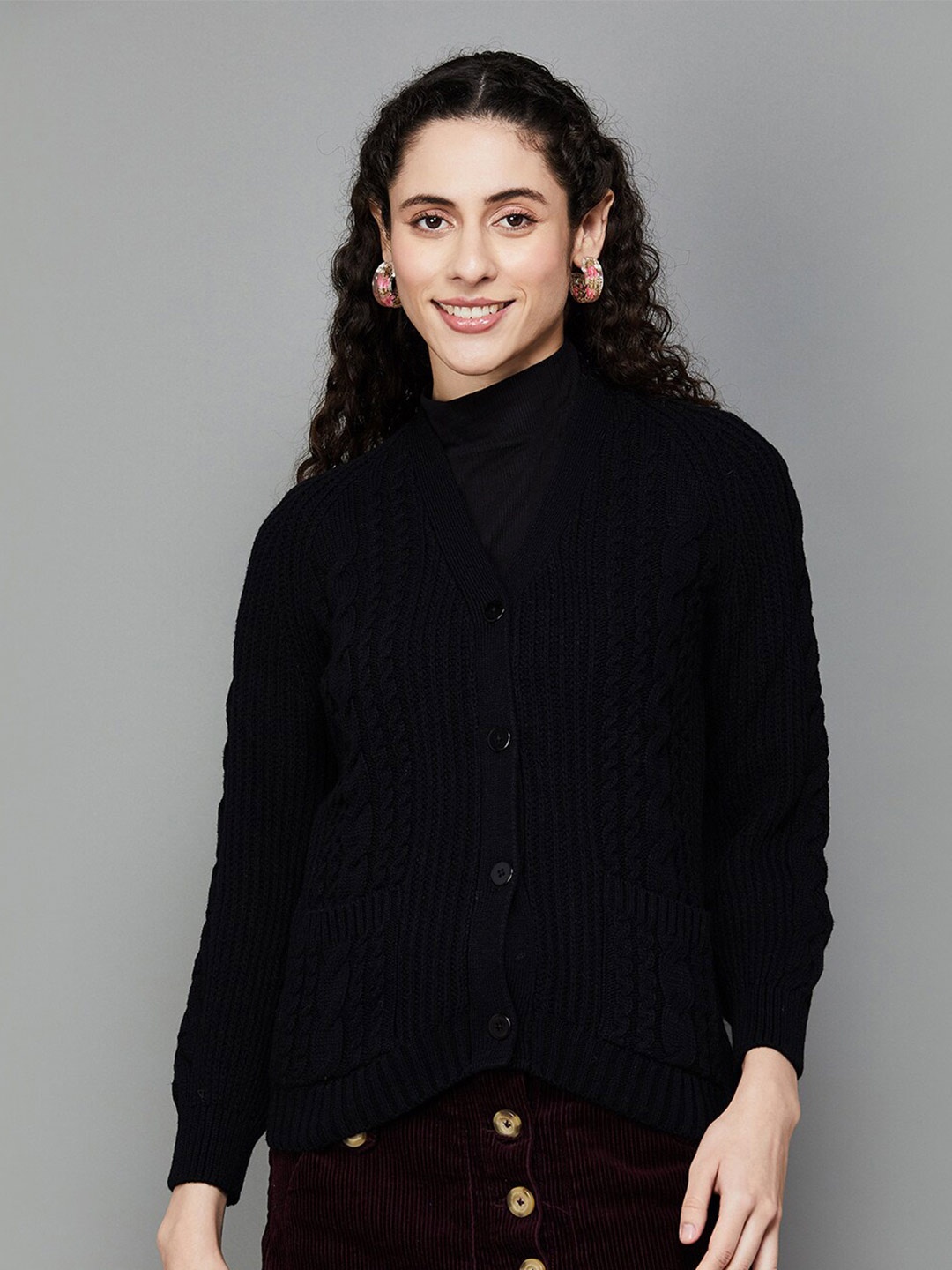 

Fame Forever by Lifestyle Ribbed V-Neck Pure Acrylic Cardigan Sweater, Black