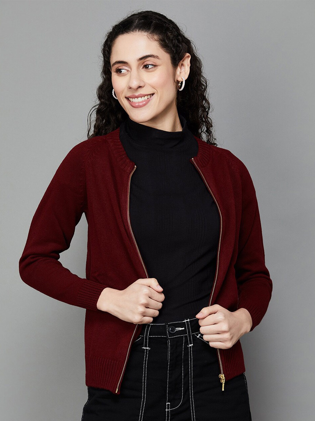 

Fame Forever by Lifestyle Round Neck Front-Open Sweater, Maroon