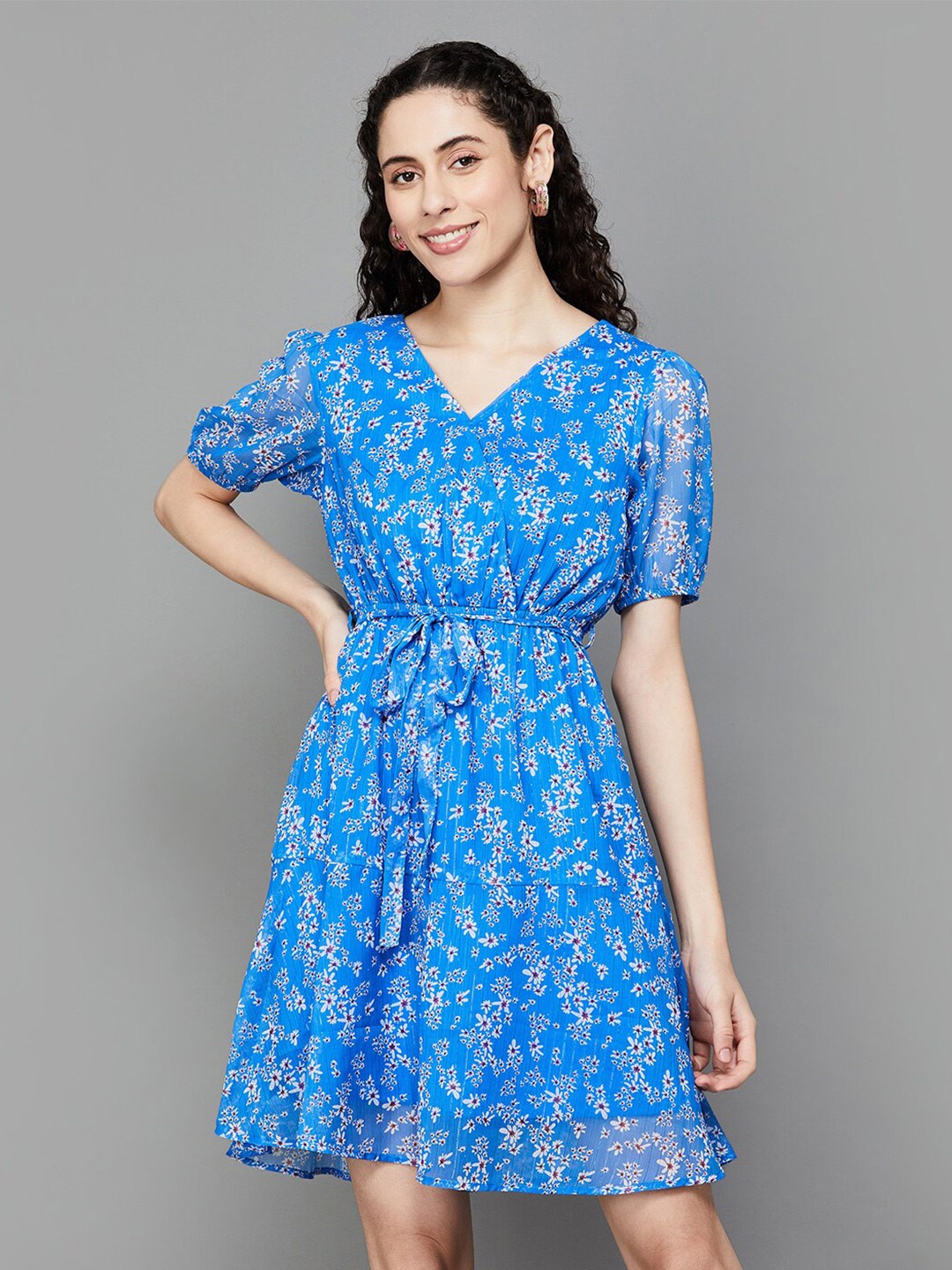 

Fame Forever by Lifestyle Floral Printed Puff Sleeve Tie-Up Fit & Flare Dress, Blue