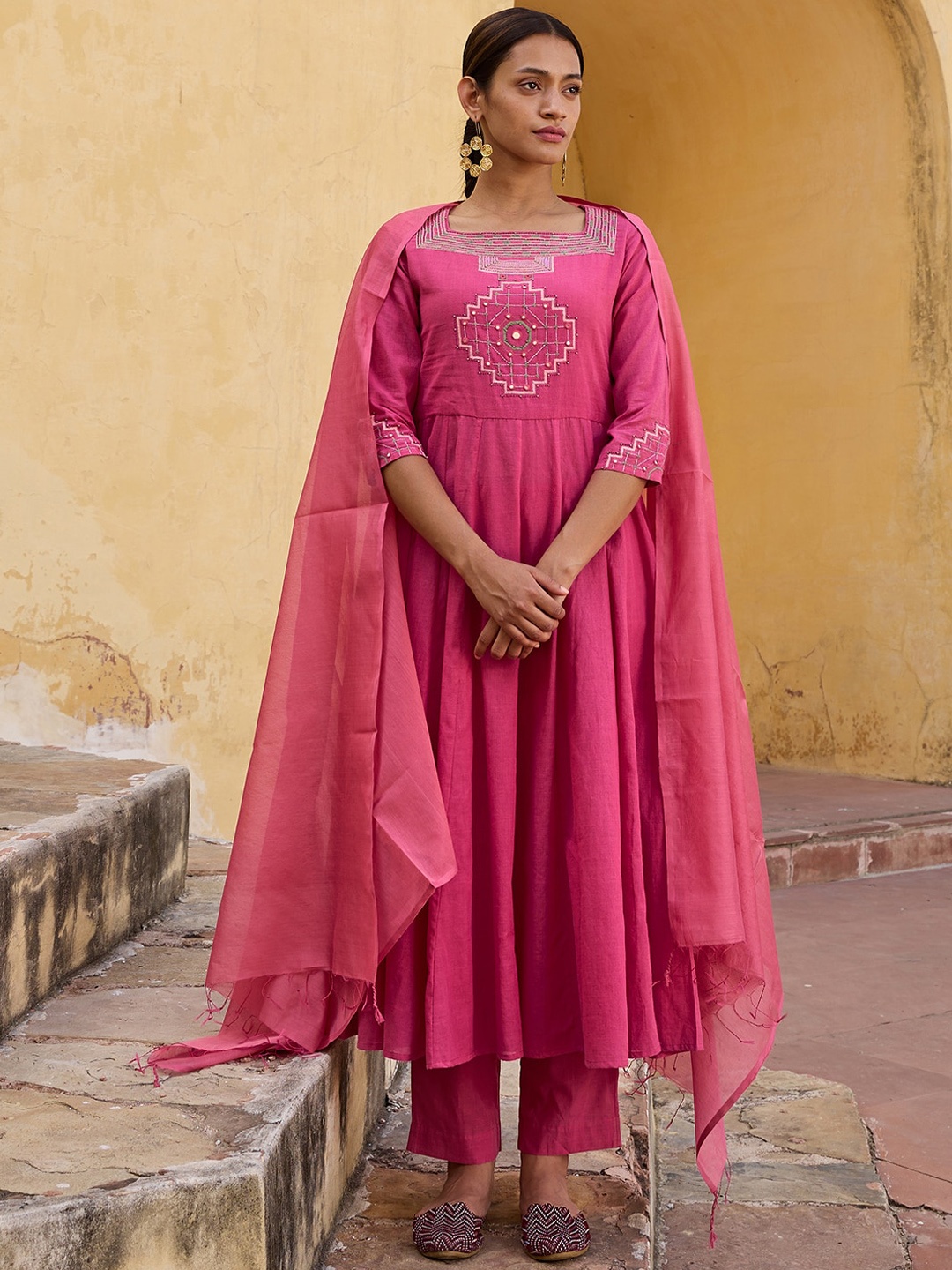 

OKHAI Ethnic Motifs Yoke Design Mirror Work Pure Cotton Kurta With Trousers & Dupatta, Pink