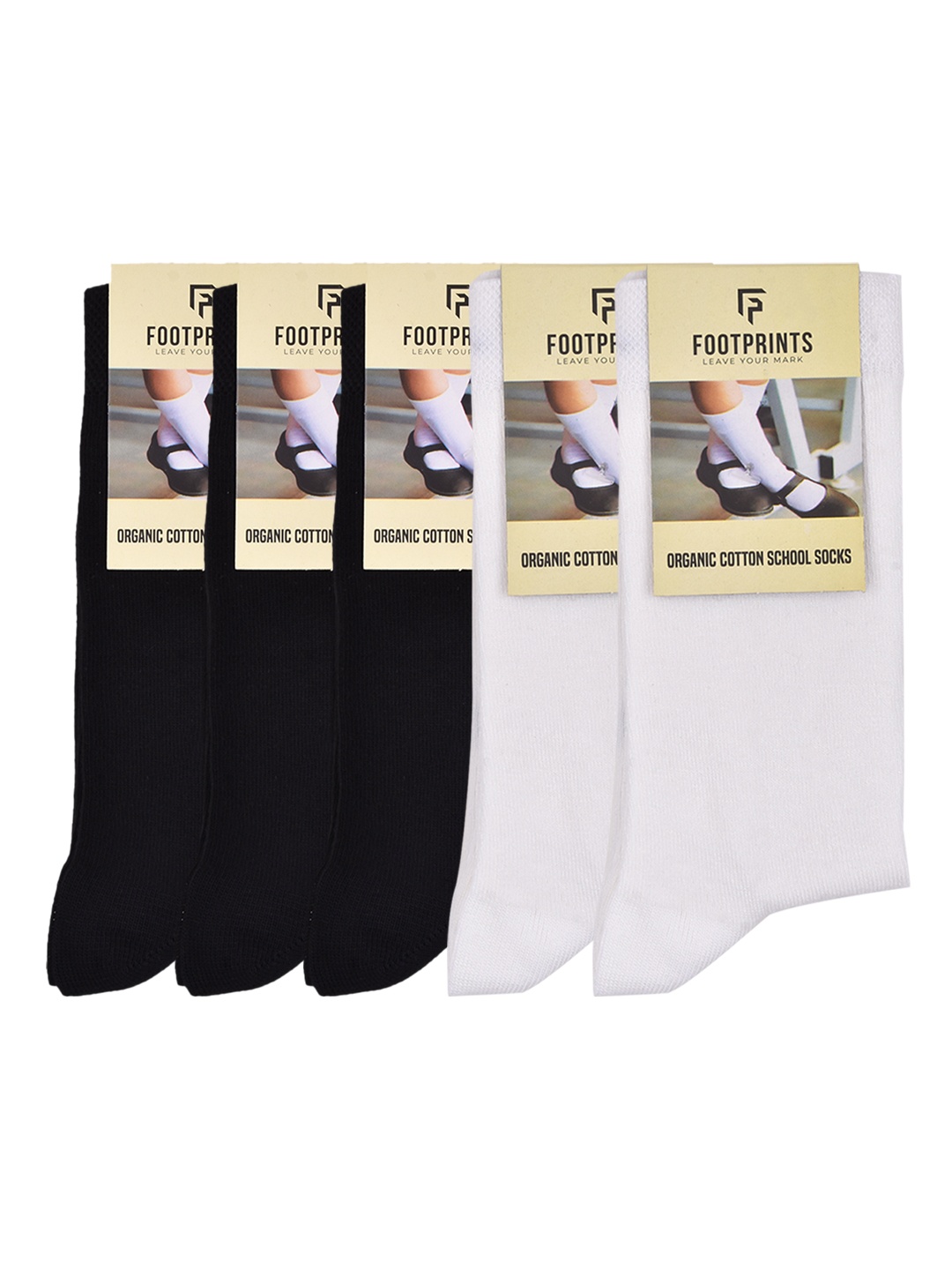 

FOOTPRINT Kids 5 Pairs Solid Anti Odour Organic Cotton Calf Length Bamboo School Socks, Multi