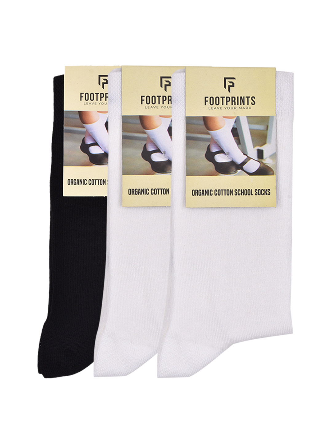 

FOOTPRINT Kids 3 Pairs Solid Anti Odour Organic Cotton Calf Length Bamboo School Socks, Black