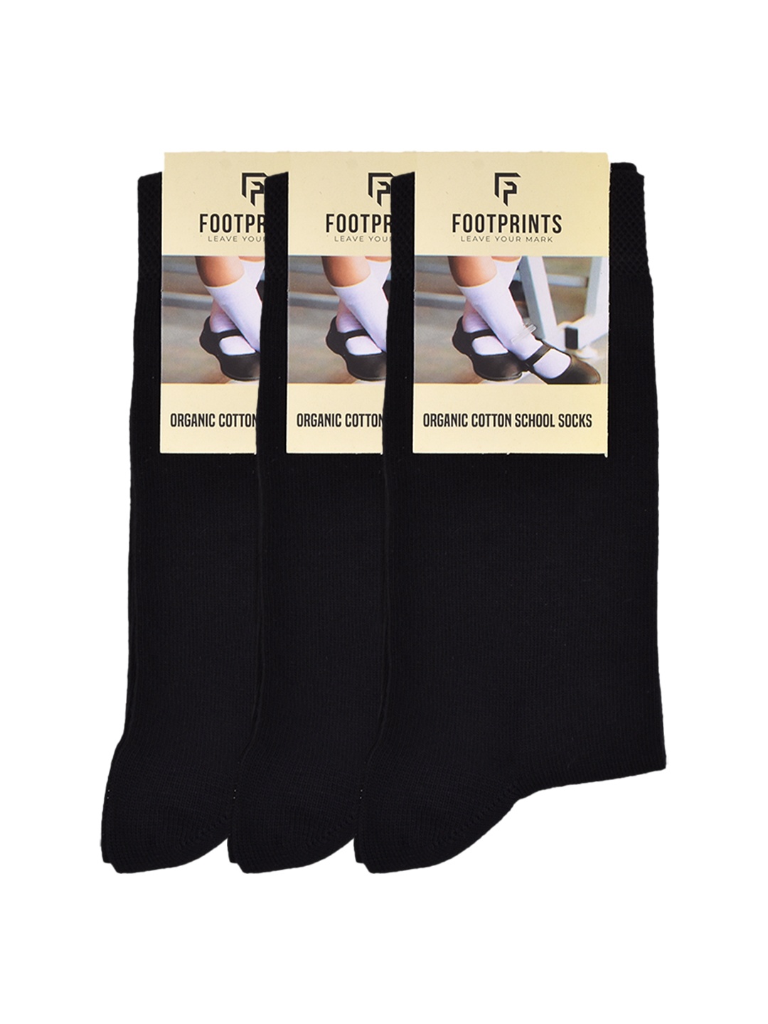 

FOOTPRINT Kids 3 Pairs Solid Anti Odour Organic Cotton Calf Length Bamboo School Socks, Black