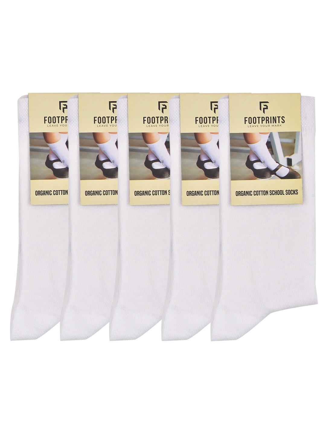 

FOOTPRINT Kids 5 Pairs Solid Anti Odour Organic Cotton Calf Length Bamboo School Socks, White