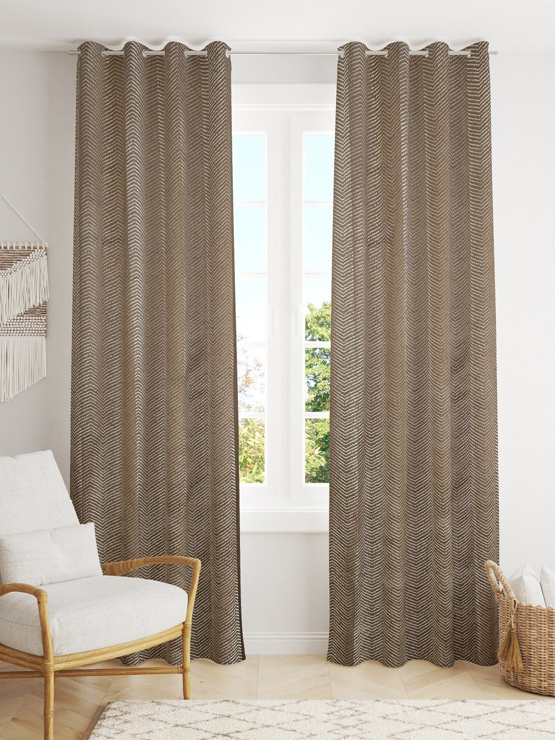 

EISMOURAH Brown & White 2 Pieces Jacquard Embroidered Room Darkening Long Door Curtains