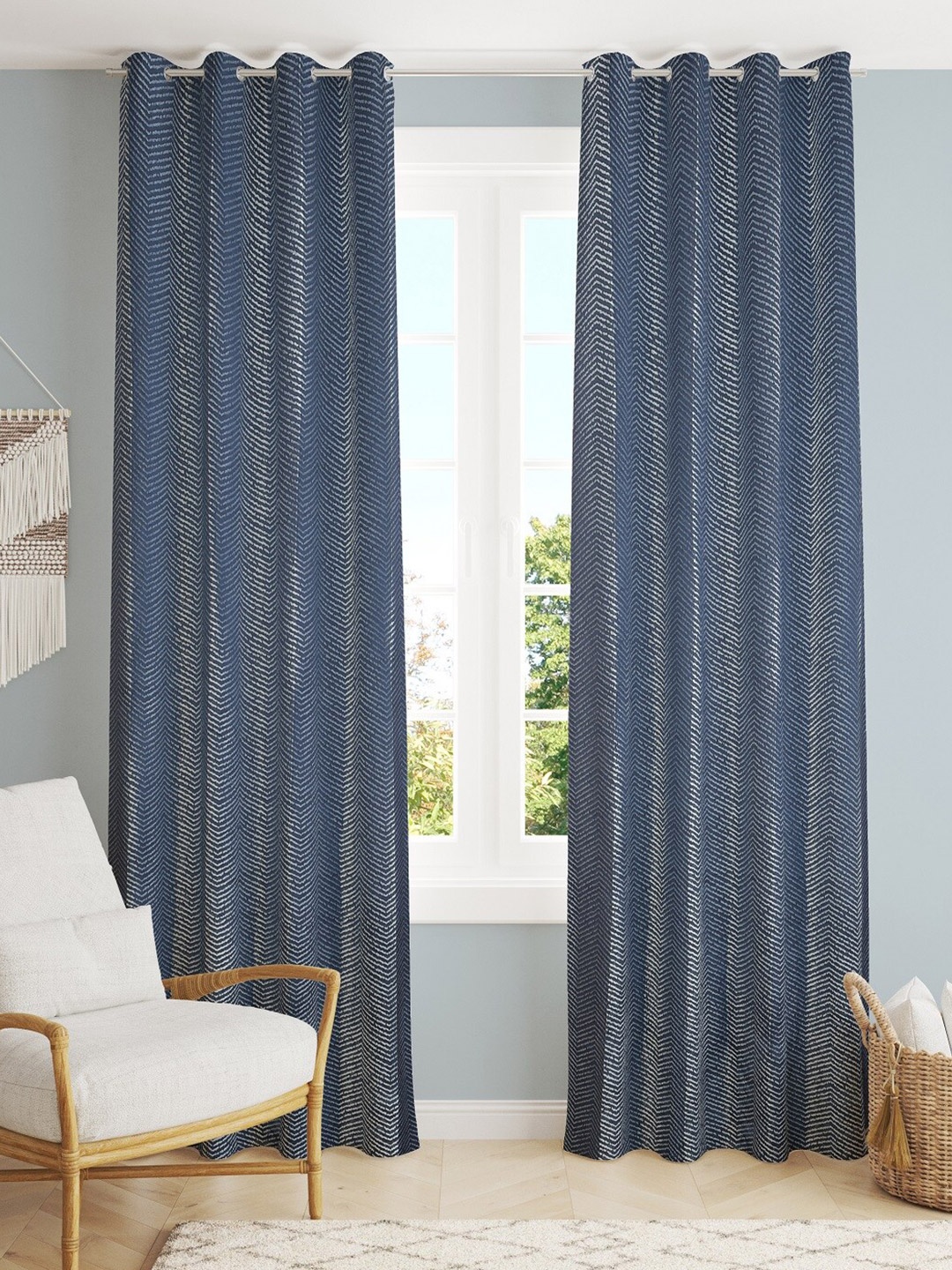 

EISMOURAH Blue 2 Pieces Embroidered Room Darkening Long Door Curtains