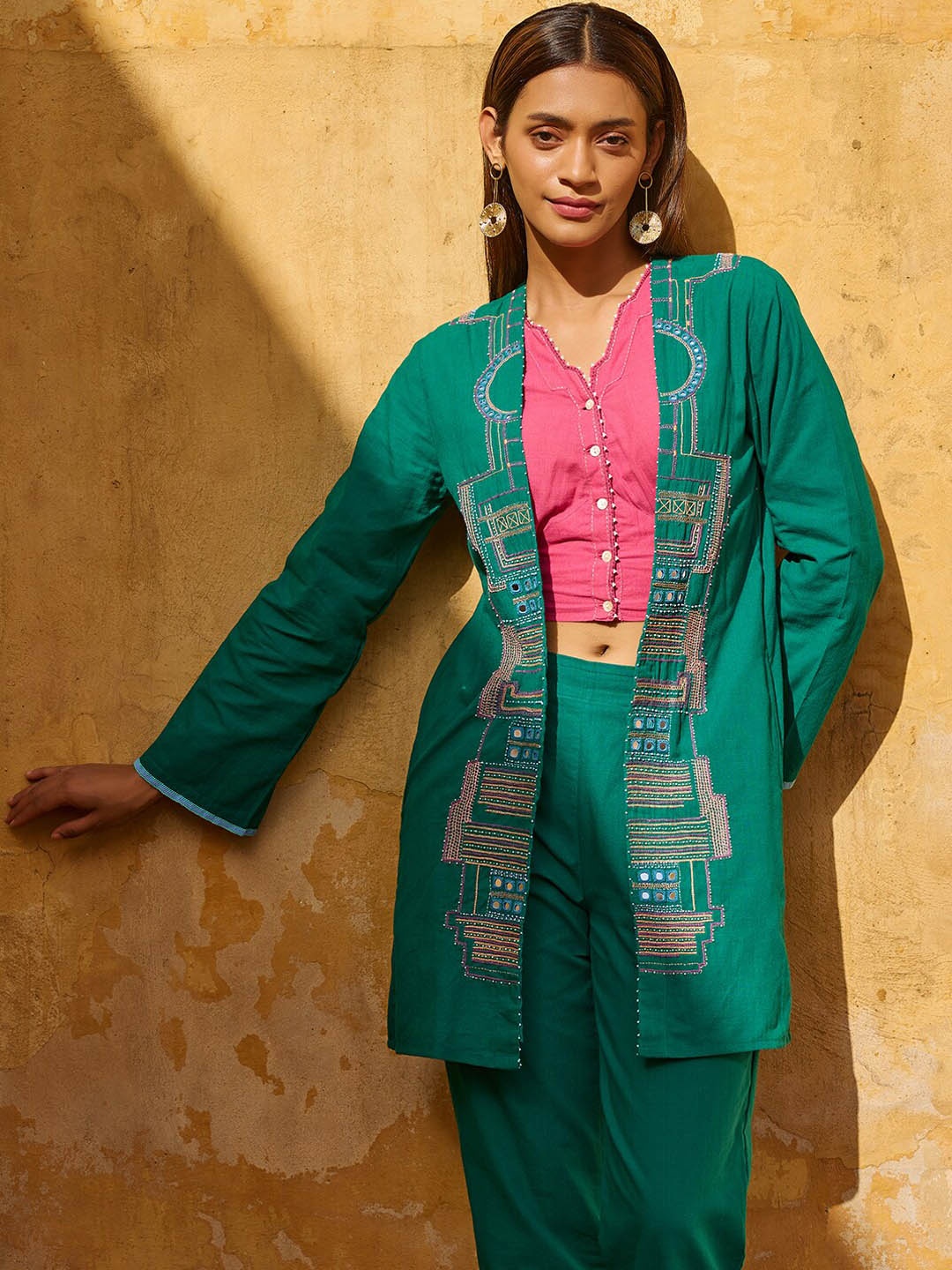 

OKHAI Embroidered Longline Cotton Ethnic Tailored Jacket, Green