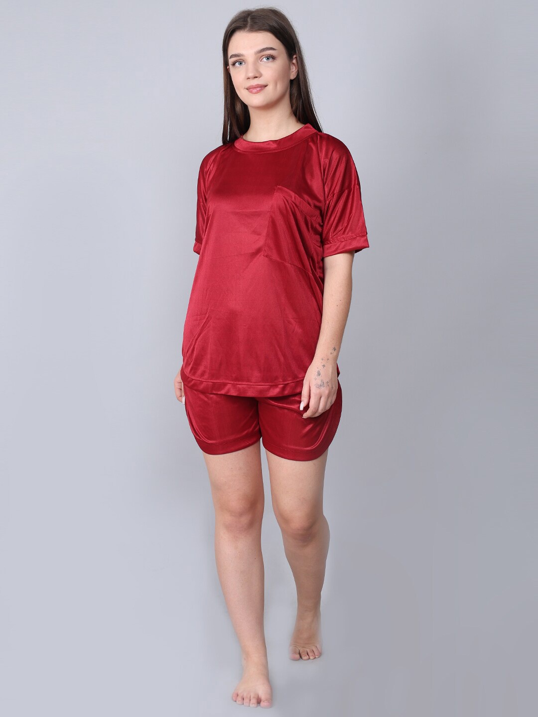 

XPIOX Short Sleeve Satin Night Suit Set, Red