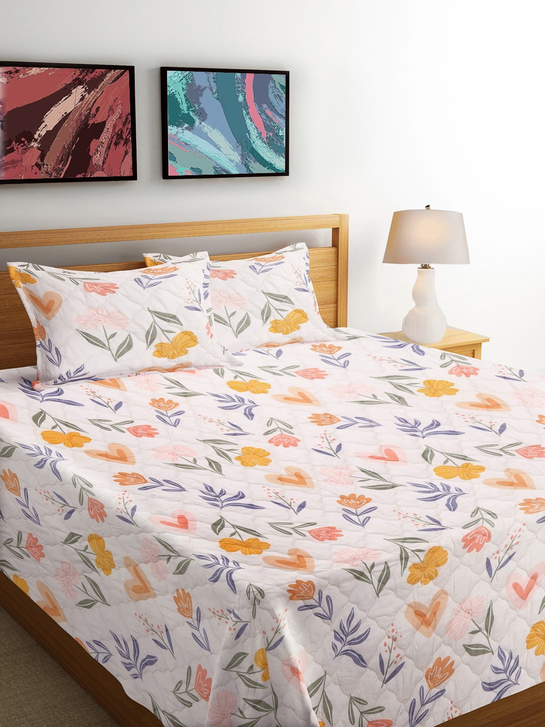 

FABINALIV Pink & White Floral Printed Double King Bedcover with 2 Pillow Covers