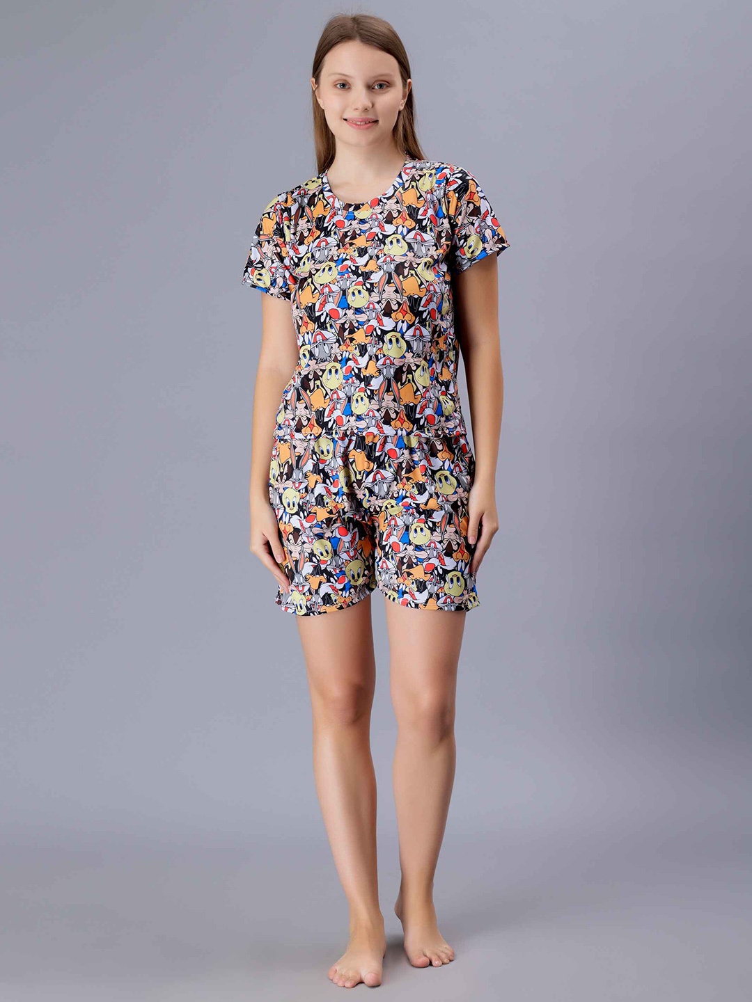 

XPIOX Graphic Printed Satin Night Suit, Blue