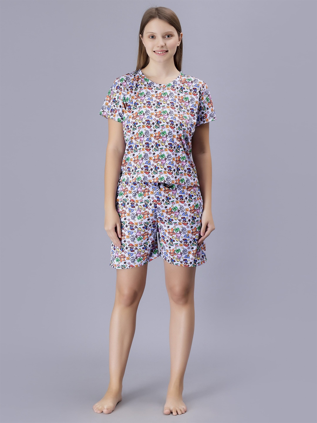 

XPIOX Graphic Printed Satin Night Suit Set, Blue