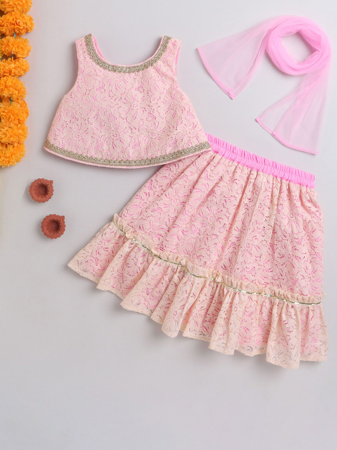 

MANY FROCKS & Girls Embellished Ready to Wear Lehenga Blouse With Dupatta, Pink