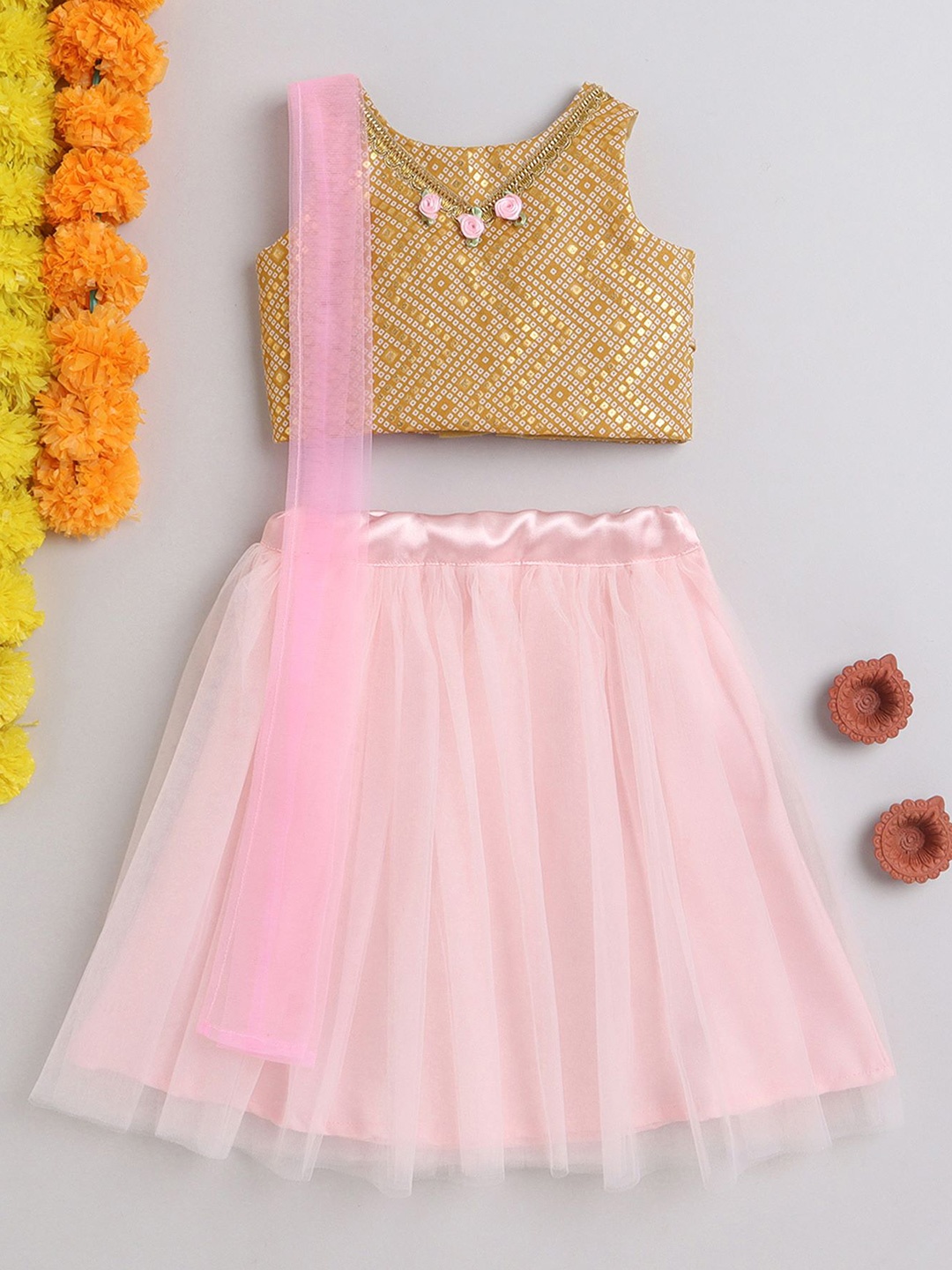 

MANY FROCKS & Girls Printed Ready to Wear Lehenga Blouse With Dupatta, Pink