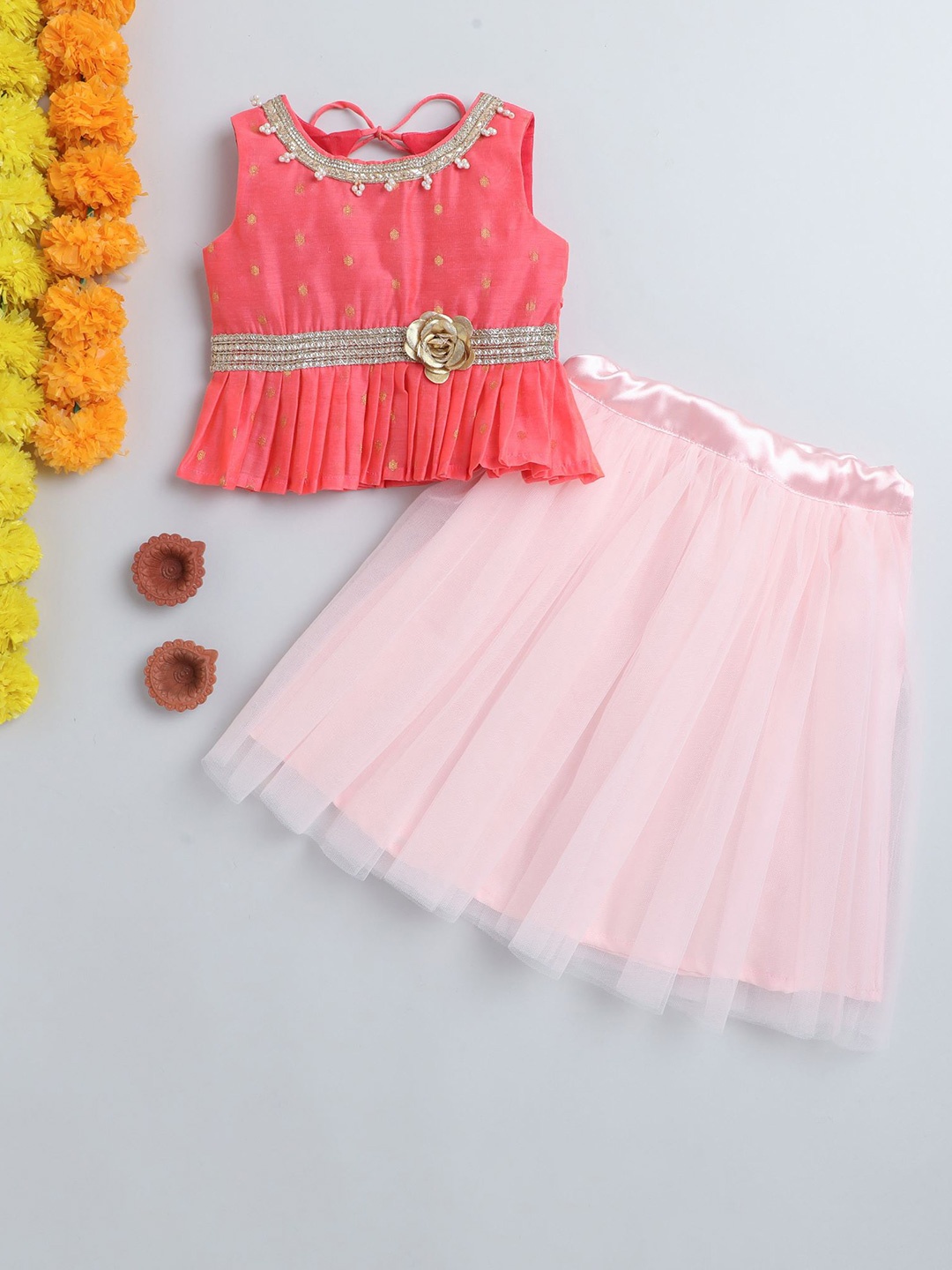 

MANY FROCKS & Girls Embellished Beads and Stones Ready to Wear Lehenga, Orange