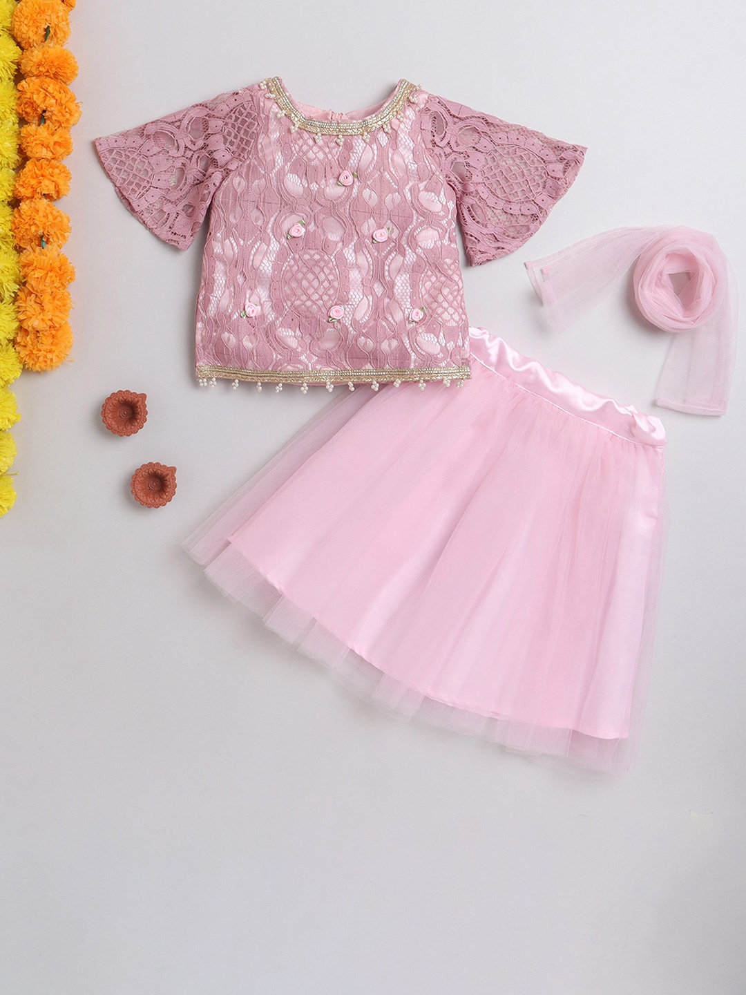 

MANY FROCKS & Girls Embellished Ready to Wear Lehenga Blouse With Dupatta, Pink