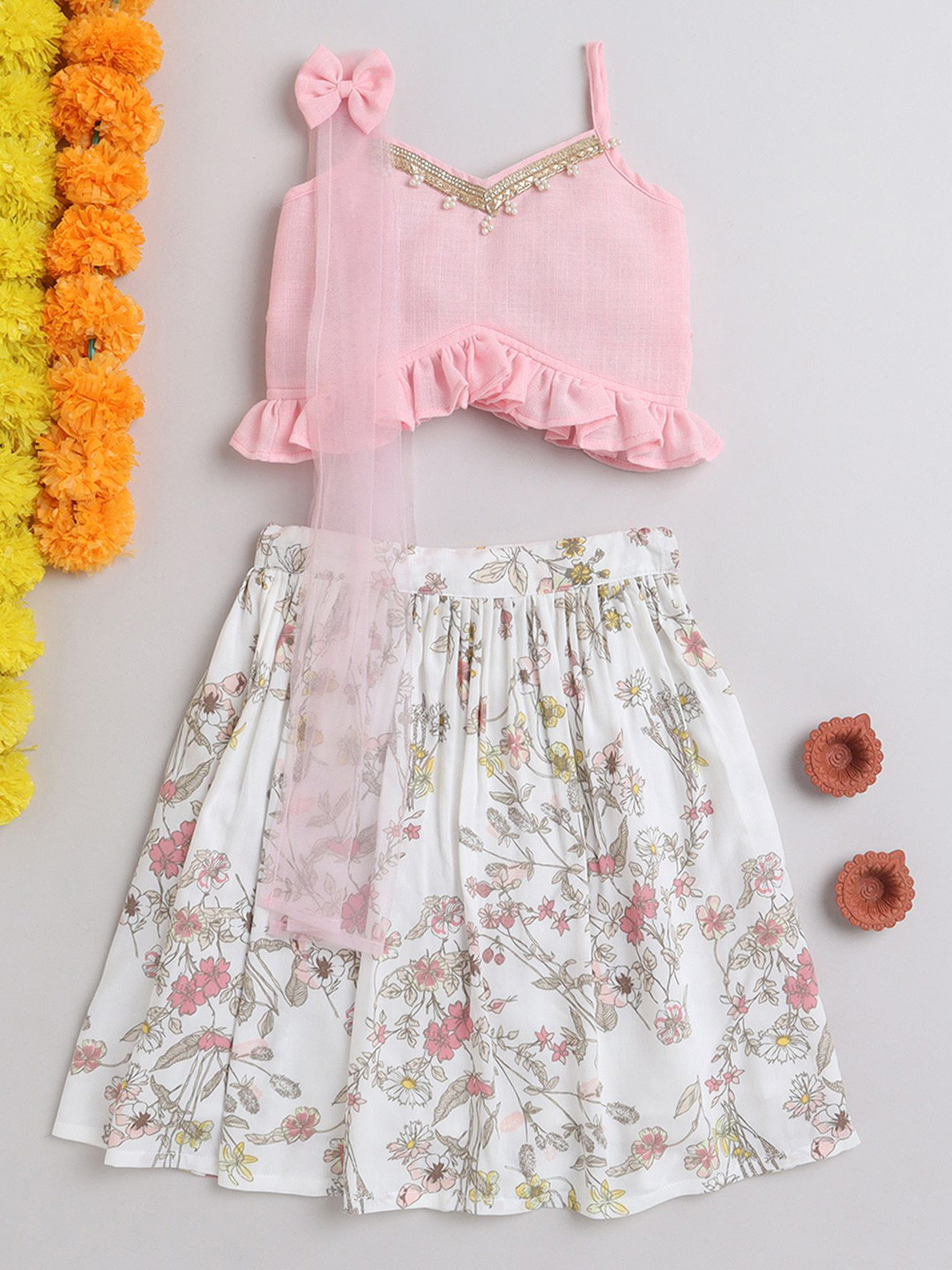 

MANY FROCKS & Girls Printed Beads and Stones Ready to Wear Lehenga Blouse With Dupatta, Pink