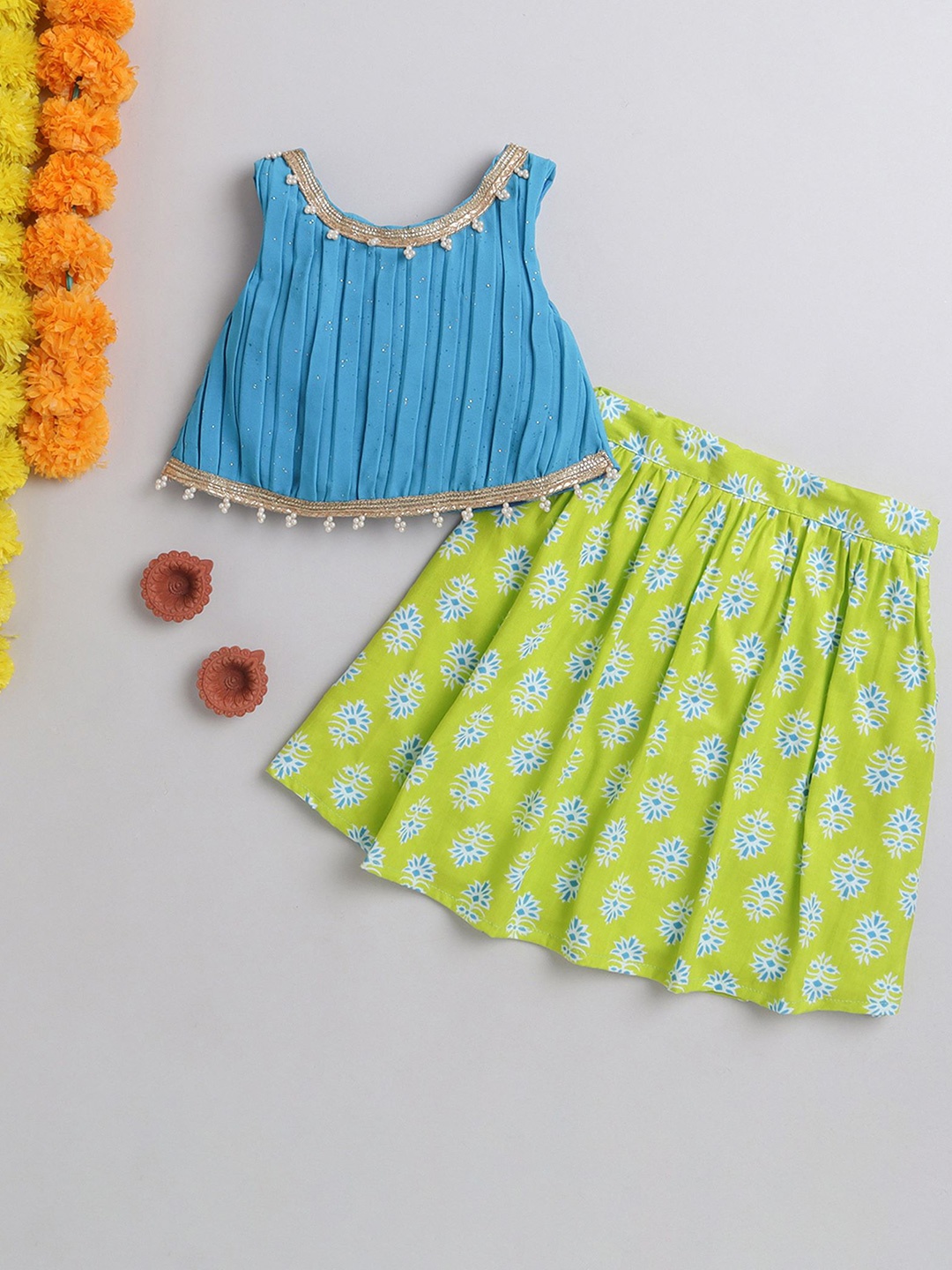 

MANY FROCKS & Girls Printed Ready to Wear Lehenga Blouse With Dupatta, Blue