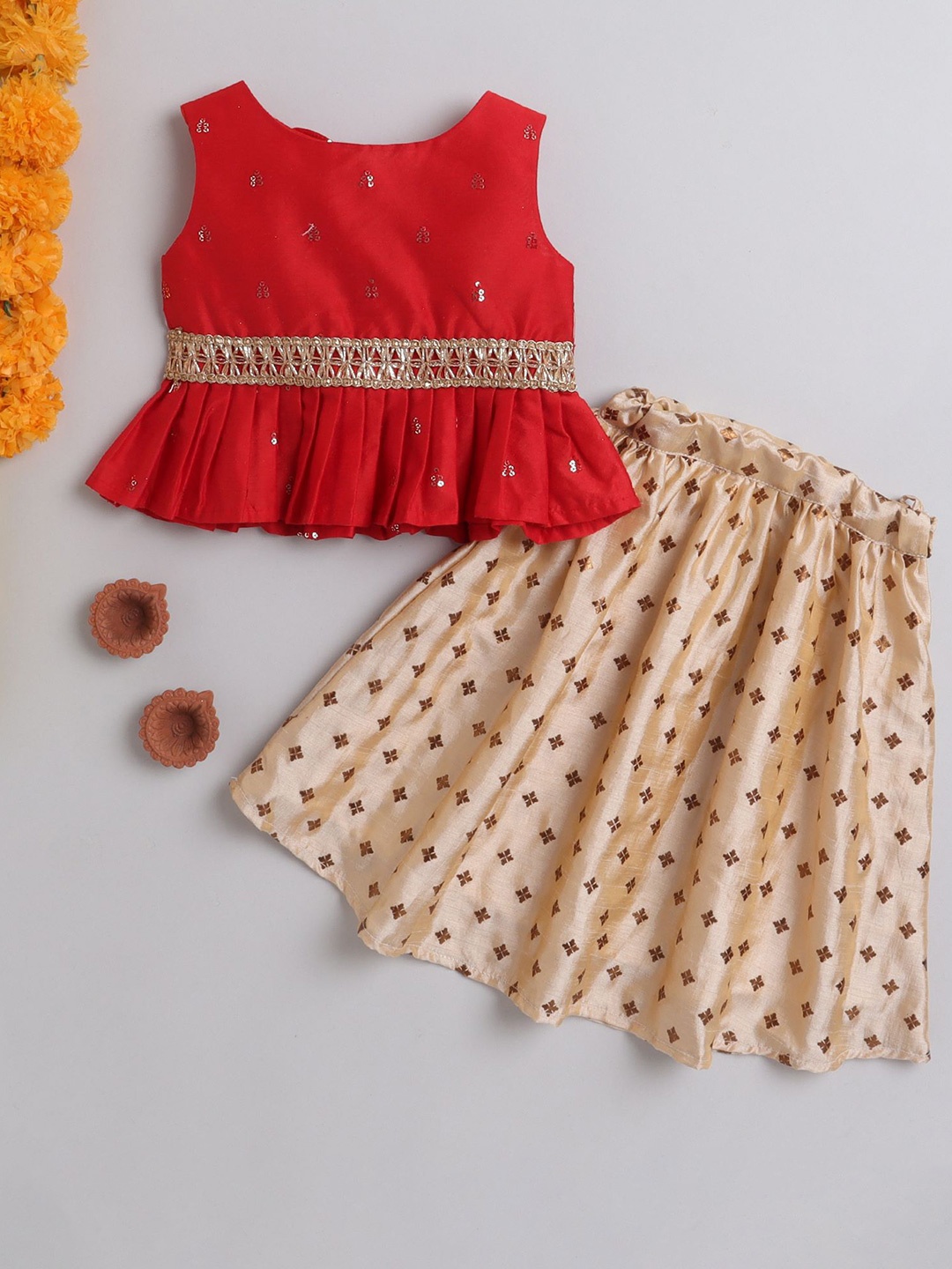 

MANY FROCKS & Infant Girls Embellished Thread Work Ready to Wear Lehenga Choli, Red