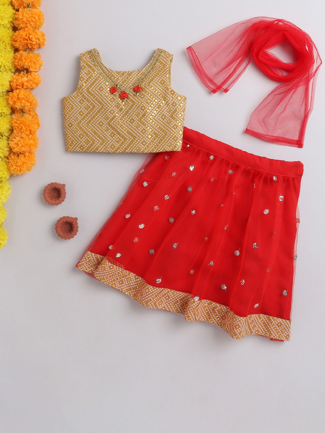 

MANY FROCKS & Infant Girls Sequinned Ready to Wear Lehenga Choli With Dupatta, Red