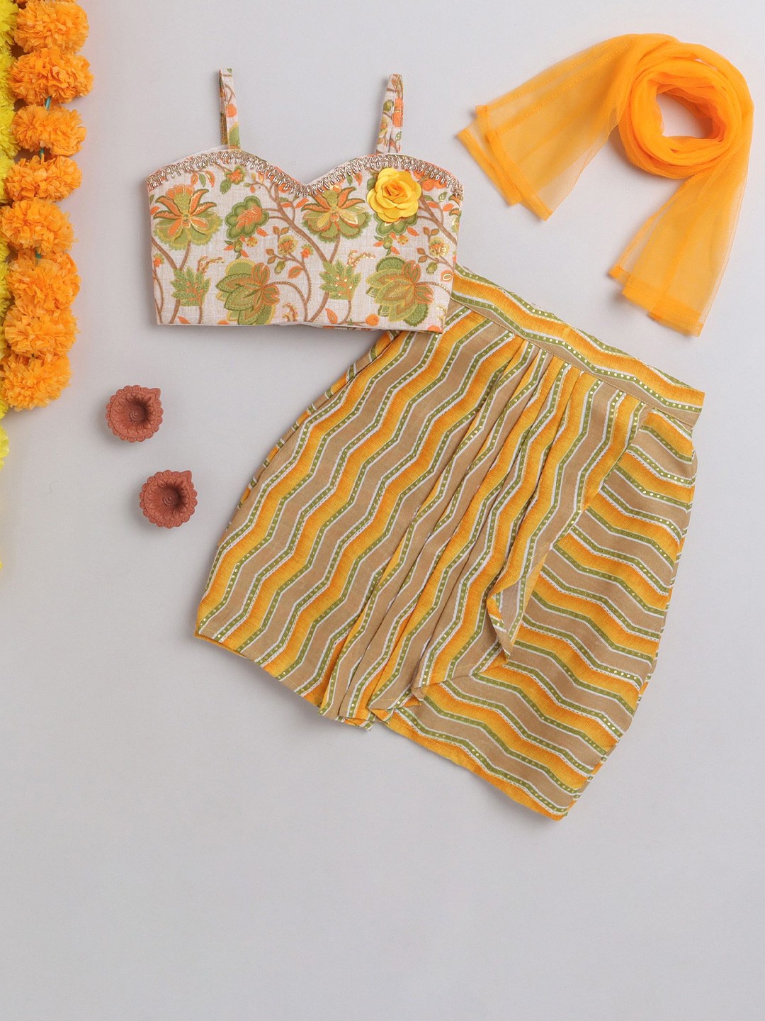 

MANY FROCKS & Infant Girls Floral Printed Ready to Wear Lehenga Choli With Dupatta, Yellow