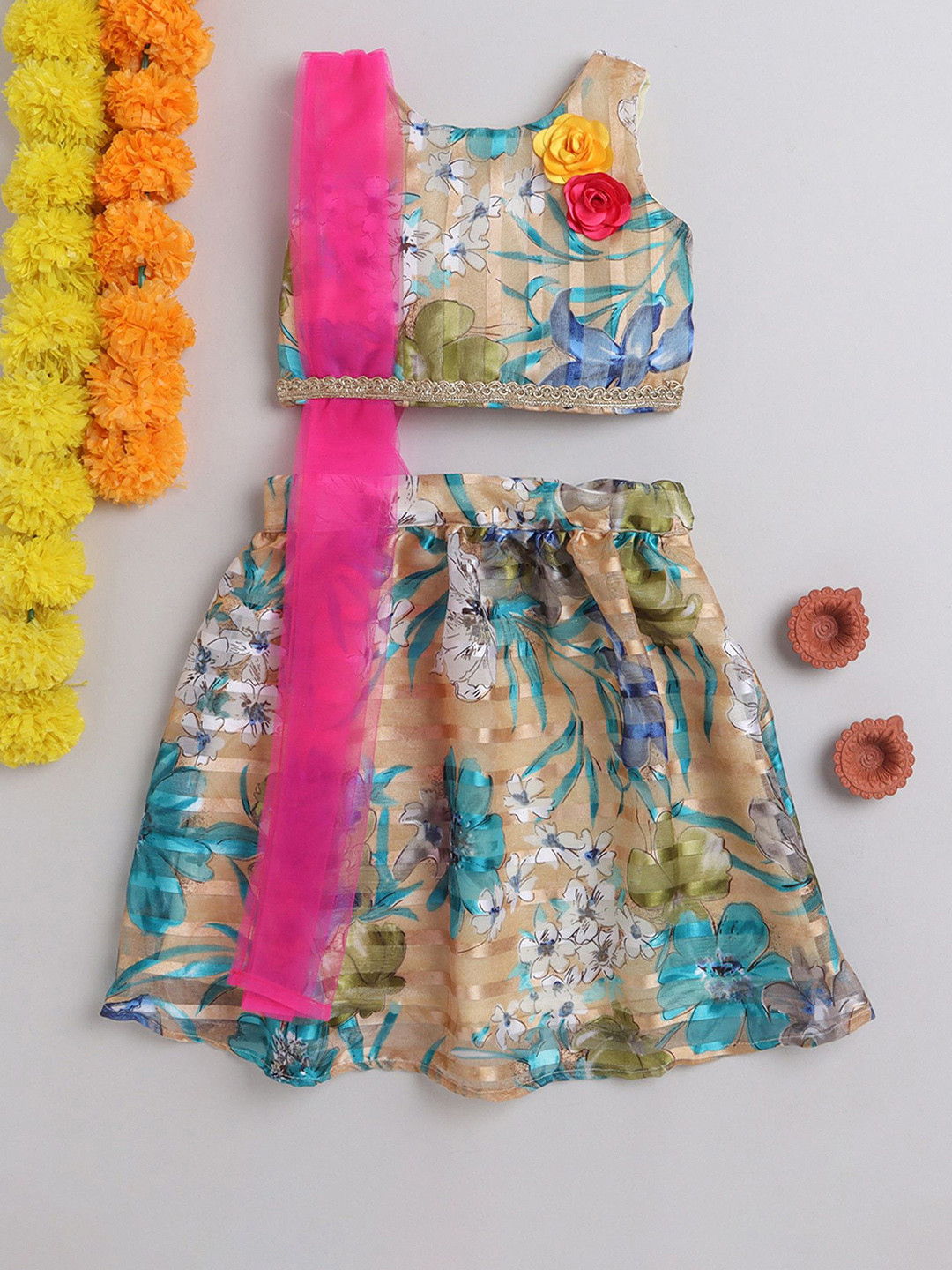 

MANY FROCKS & Infant Girls Floral Printed Ready to Wear Lehenga Choli With Dupatta, Green