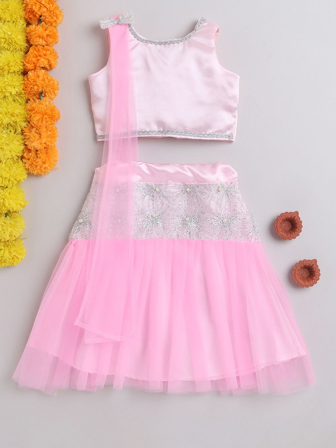 

MANY FROCKS & Girls Ready To Wear Net Lehenga Blouse With Dupatta, Pink