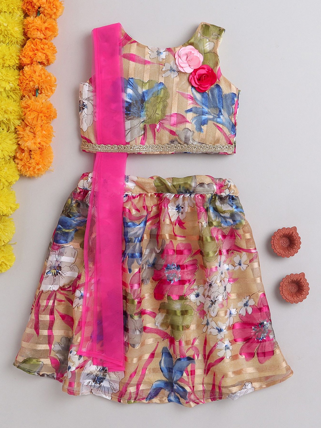 

MANY FROCKS & Girls Floral Printed Ready To Wear Lehenga Blouse With Dupatta, Pink