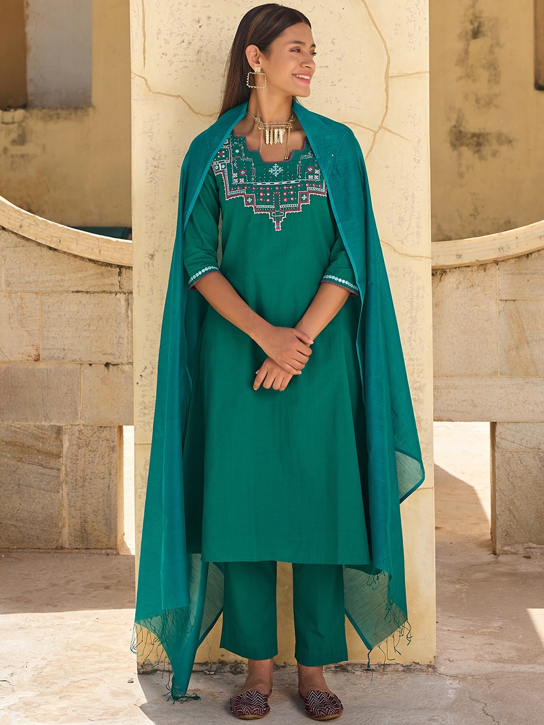 

OKHAI Ethnic Motifs Yoke Design Mirror Work Pure Cotton Kurta With Trousers & Dupatta, Green