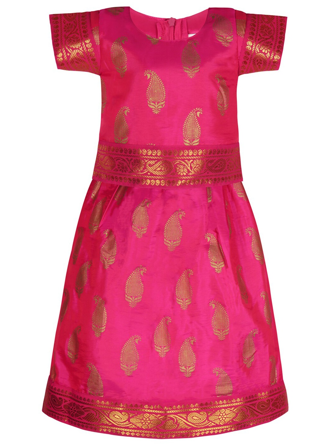 

Wish Karo Girls Woven Design Zari Art Silk Ready To Wear Lehenga & Choli, Pink