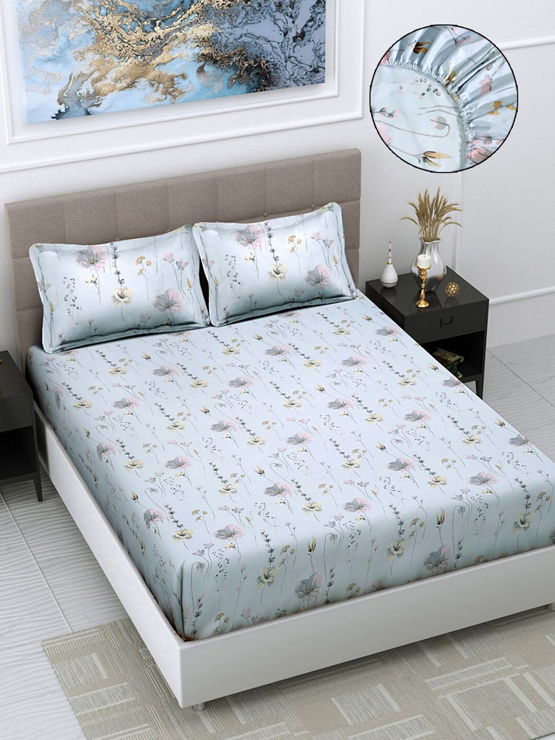 

FABINALIV Blue Floral Polycotton 300 TC Fitted Super King Bedsheet & 2 Pillow Covers