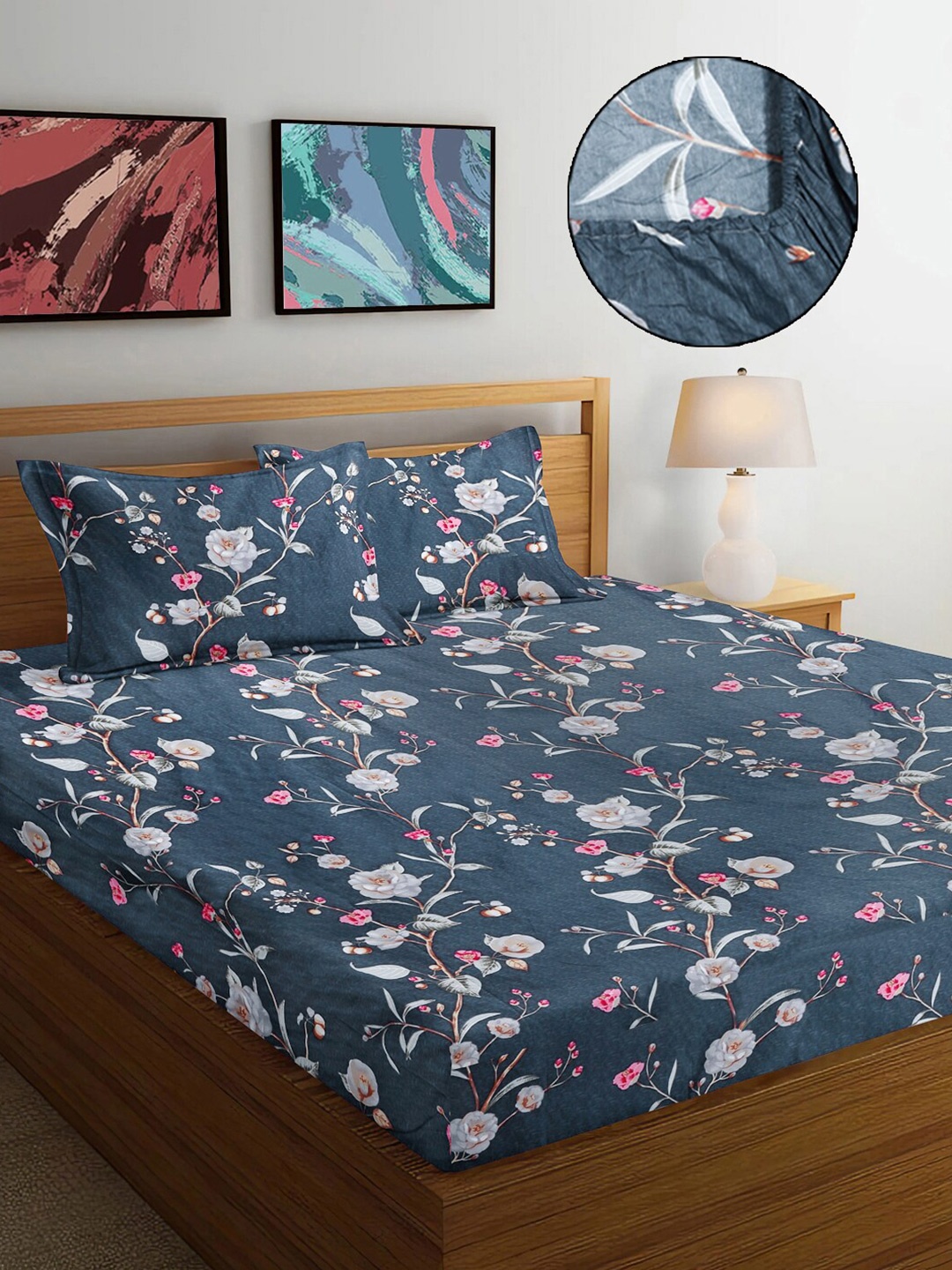 

FABINALIV Blue & White Floral Print 300 TC Fitted Super King Bedsheet & 2 Pillow Covers, Grey