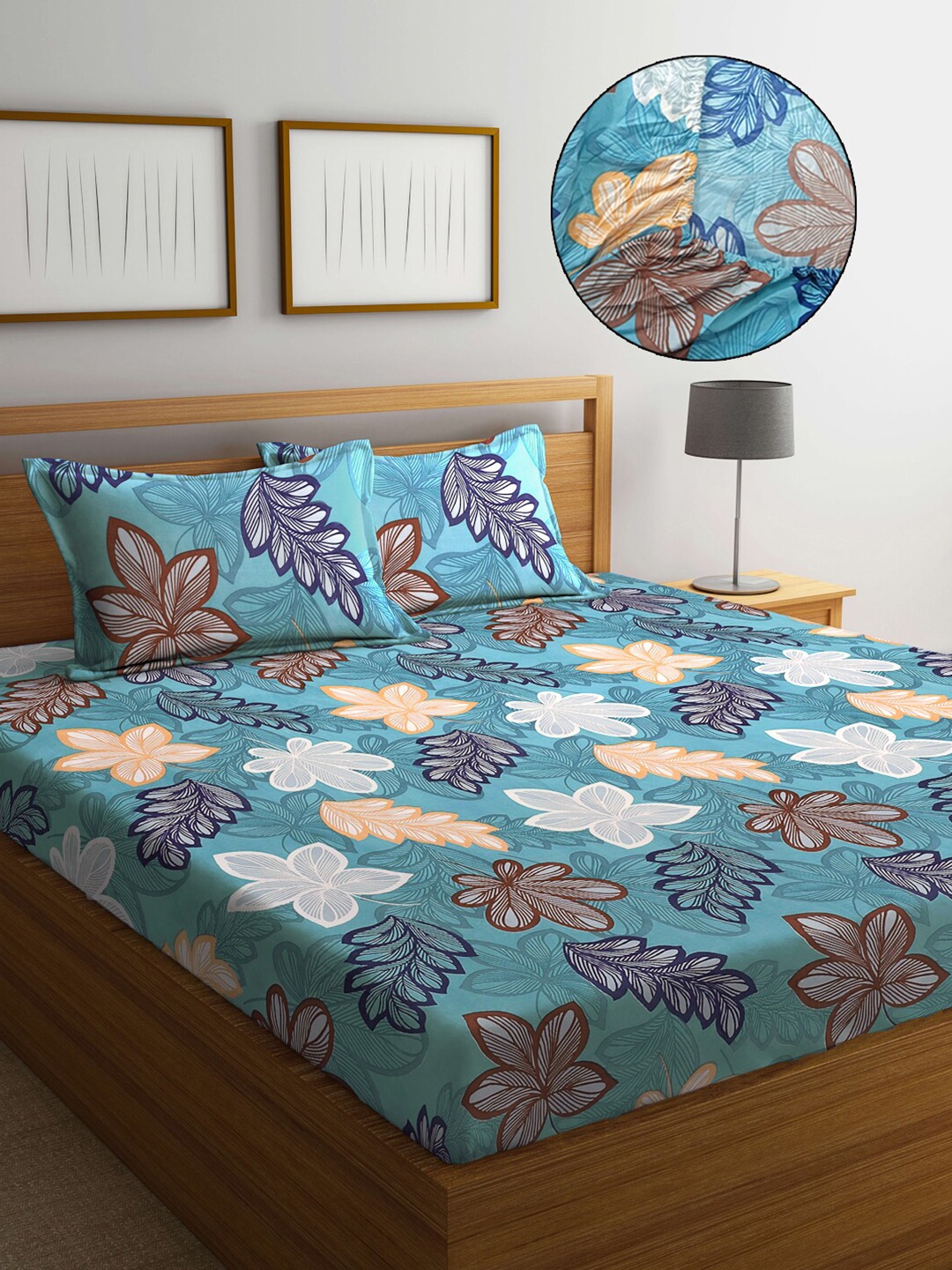 

FABINALIV Blue Floral Polycotton 300 TC Fitted Super King Bedsheet & 2 Pillow Covers