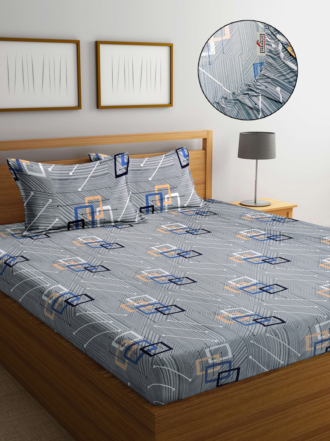 

FABINALIV Grey Geometric Polycotton 300 TC Fitted Super King Bedsheet & 2 Pillow Covers