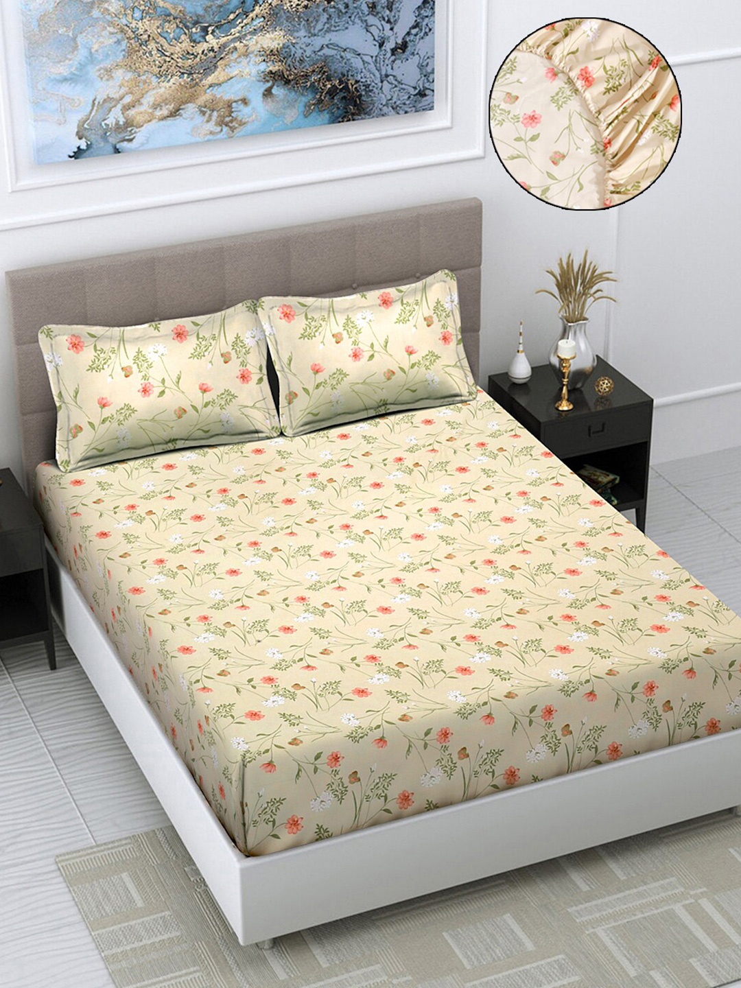 

FABINALIV Cream-Coloured Floral Print 300 TC Fitted Super King Bedsheet & 2 Pillow Covers