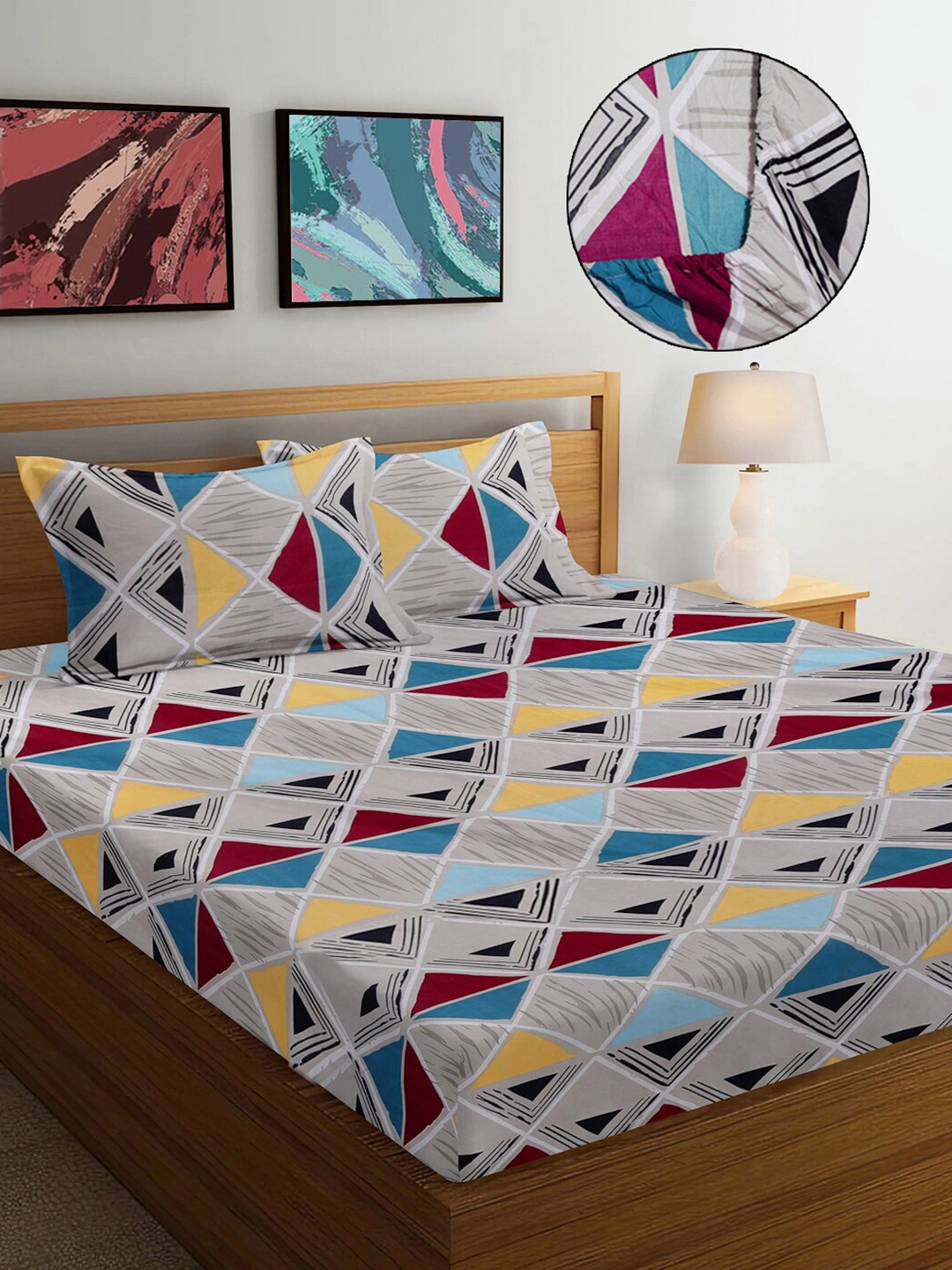 

FABINALIV Grey & Blue Geometric 300 TC Fitted Super King Bedsheet with 2 Pillow Covers