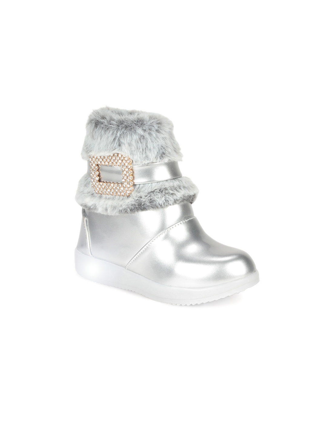 

Lil Lollipop Girls Mid Top Faux Fur Trim Winter Boots With LED Light, Silver