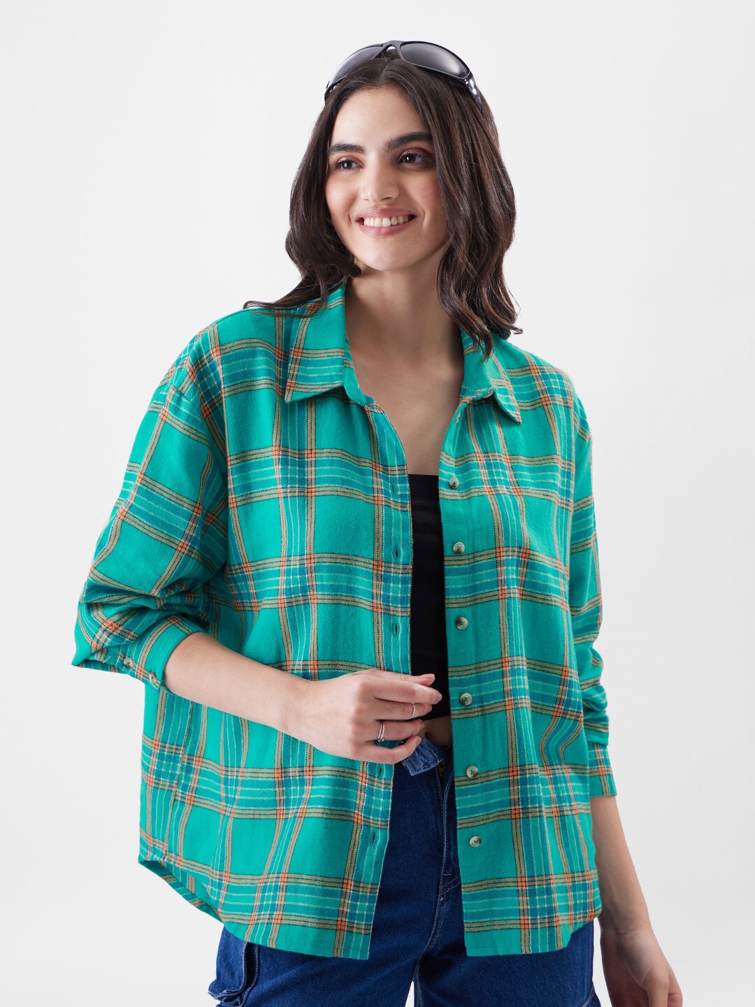 

The Souled Store Relaxed Boxy Tartan Checked Cotton Casual Shirt, Green